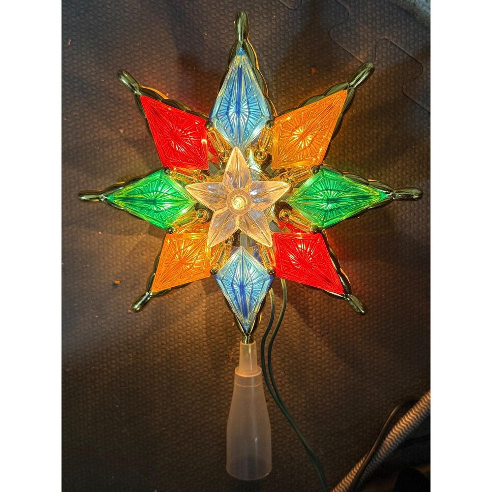 Vtg. Star Tree Topper Multi-Color Lighted Double Sided Gold Trim Retro Core